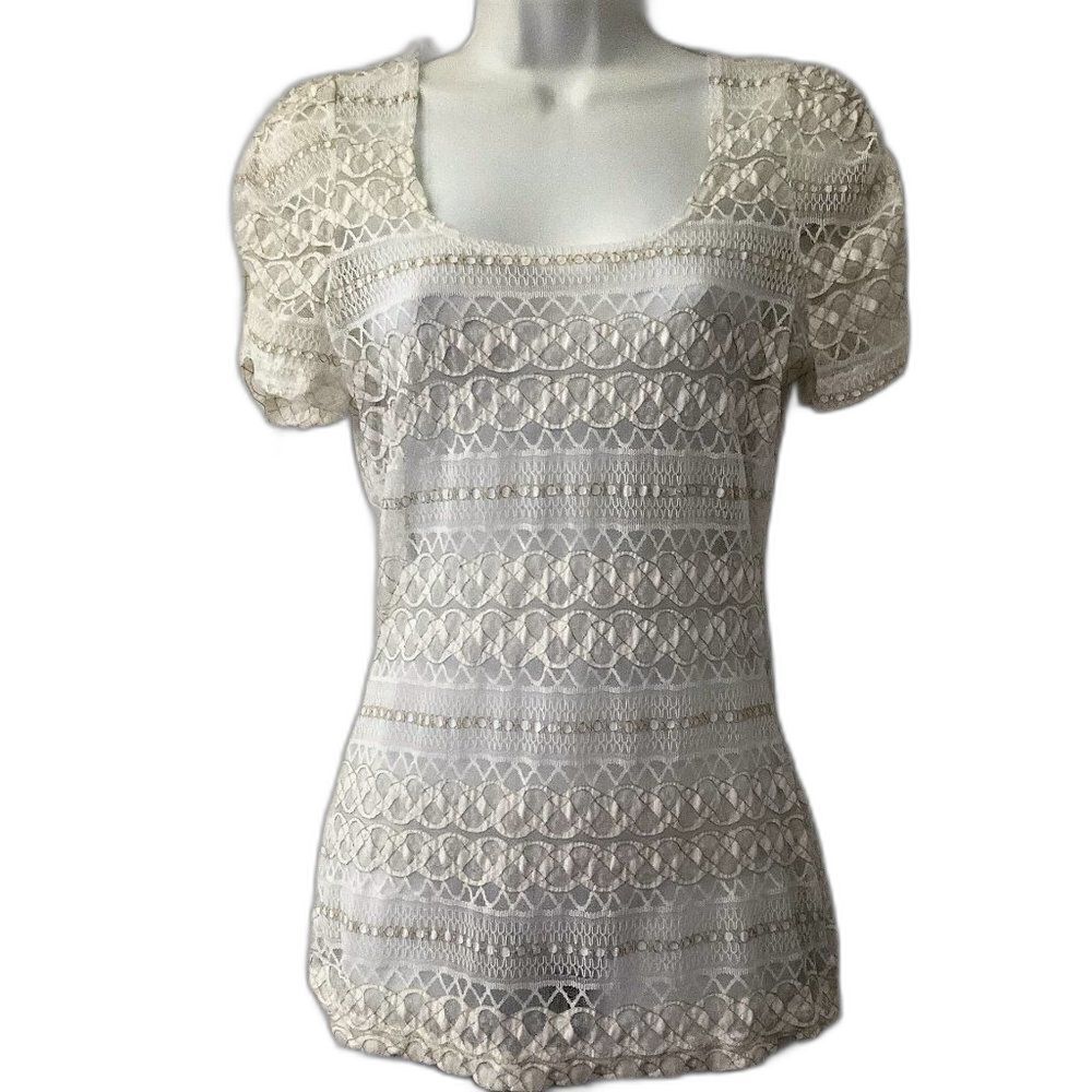 Vintage DEB Y2K  Sheer Open-Knit Lace Short Sleeve Top